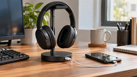 Headset stored on a charging stand while a separate phone charges from the stand’s USB port