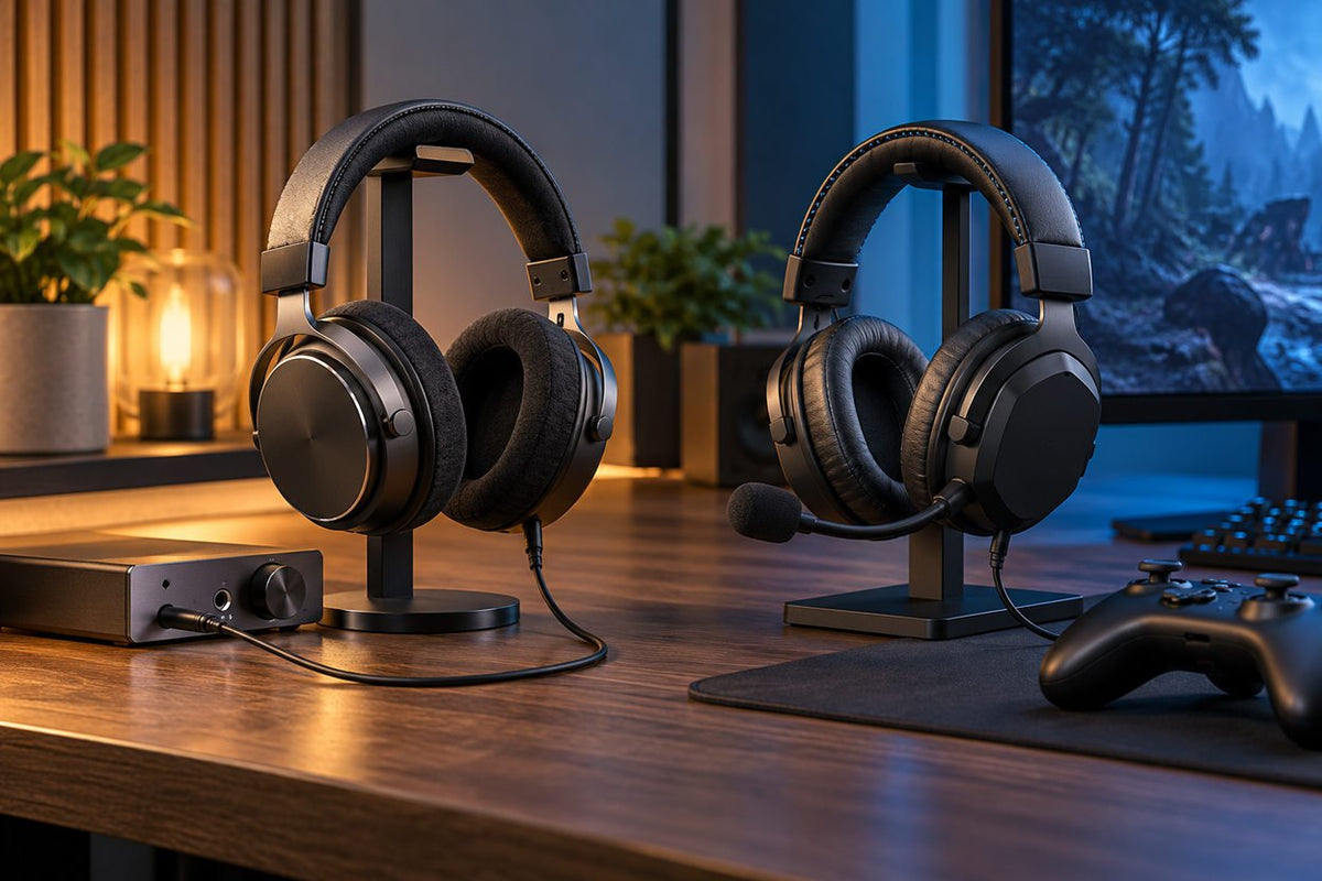 Over-ear music headphones and a boom-mic gaming headset on a desk
