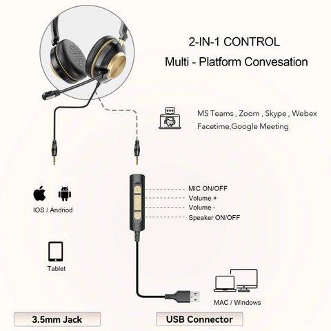 Wired headset with 2-in-1 control featuring 3.5mm jack for iOS/Android and USB connector for Mac/Windows, supporting multi-platform calls