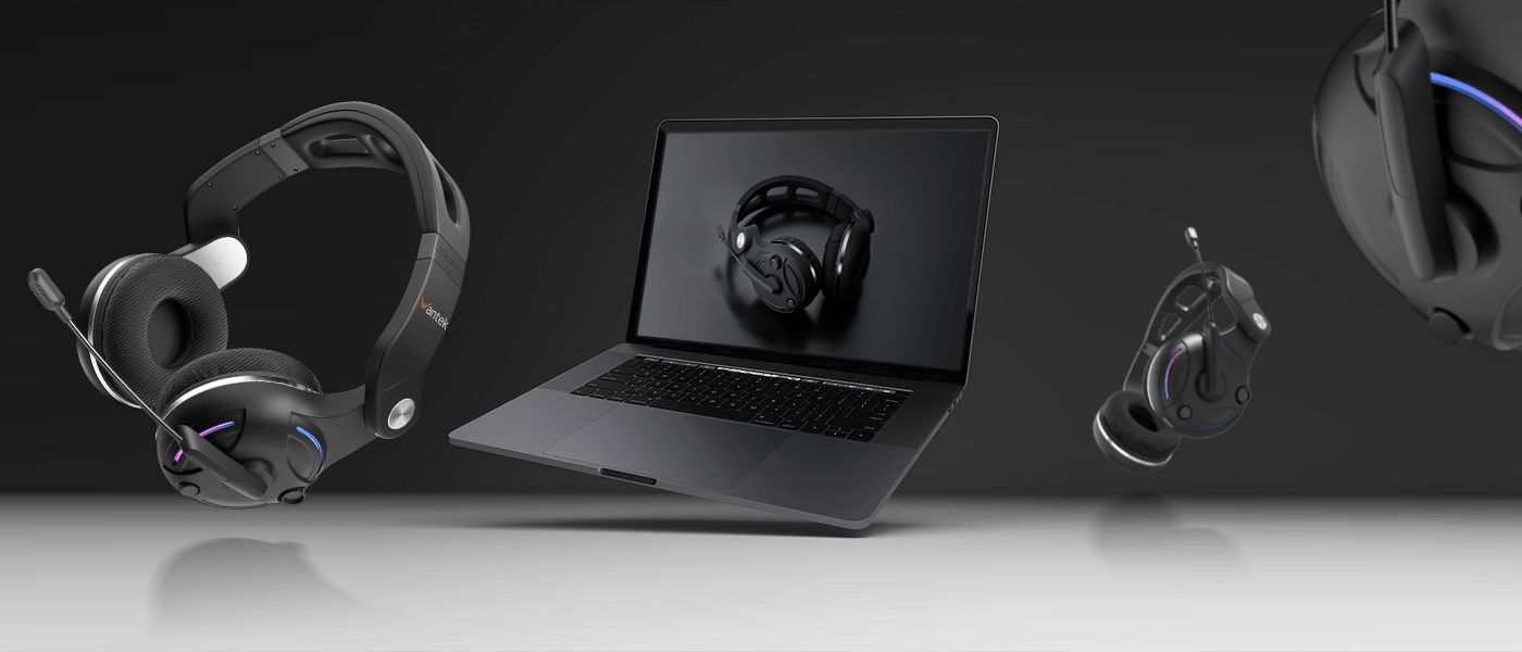 Black Wantek wired headsets with microphones displayed around and on a laptop against a dark background