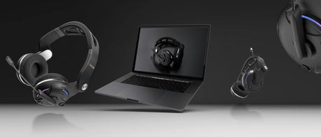 Black Wantek wired headsets with microphones displayed around and on a laptop against a dark background