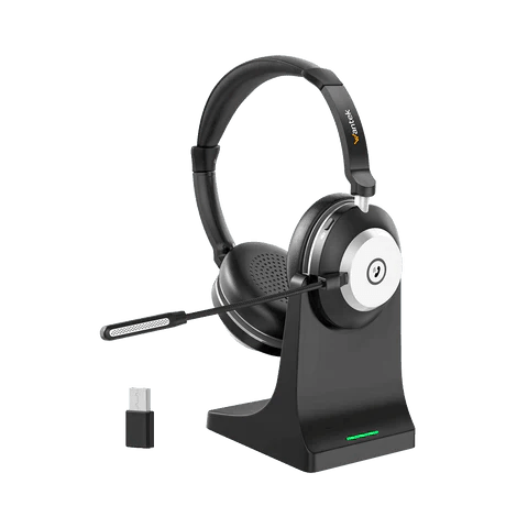Wantek wireless Bluetooth headset with microphone on charging stand and USB adapter for business use
