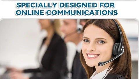 Professional customer service team wearing Wantek wired headsets with microphones for online communication