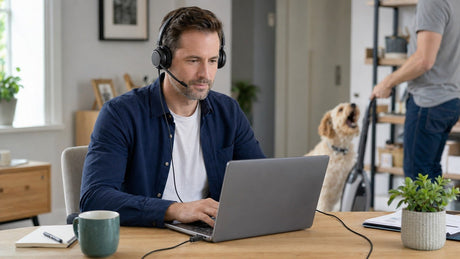 Remote worker using a Wantek H882 wired office headset with microphone