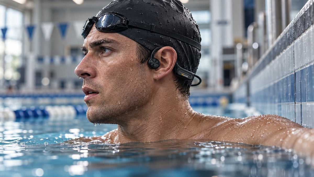 Swimmer using open-ear bone conduction headphones with goggles and cap during a pool lap