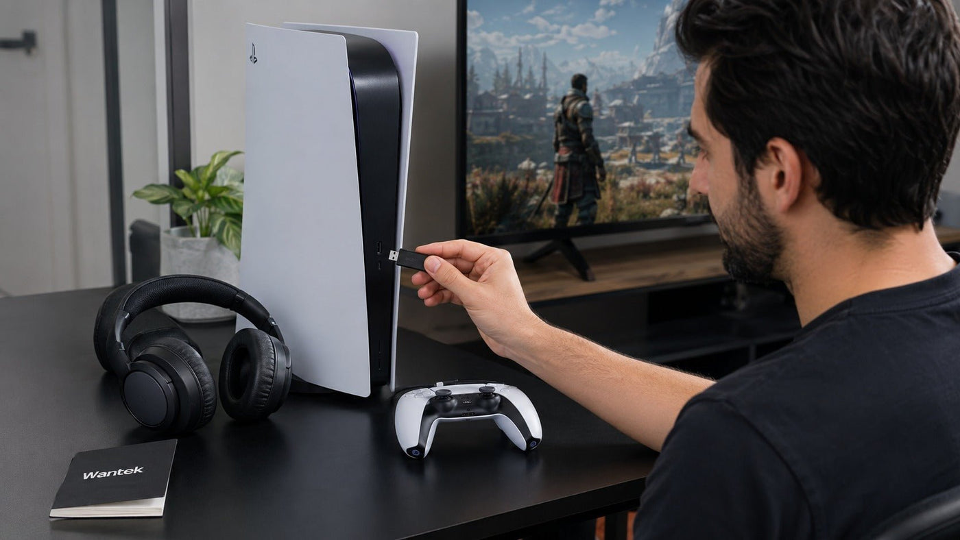 Bluetooth headphones and USB audio transmitter beside a PS5 for wireless audio setup
