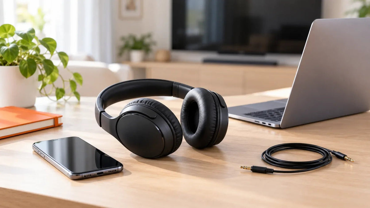 Black over-ear headphones beside a smartphone, laptop, and audio cable on a wooden desk.
