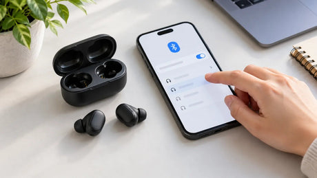Black wireless earbuds beside an open charging case as a person selects Bluetooth settings on a phone