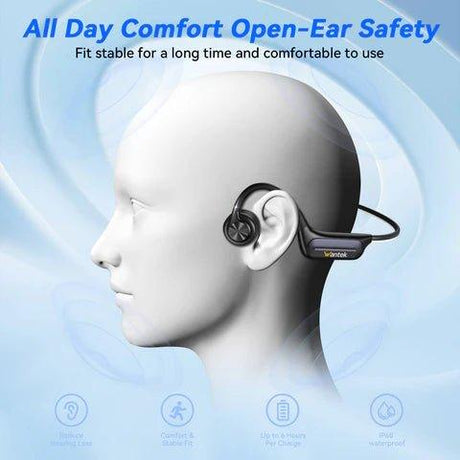 3D model wearing Wantek open-ear wireless headset with comfortable fit and open-ear safety design