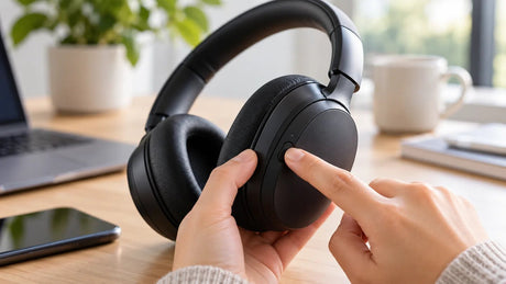Hands pressing a button on black over-ear headphones beside a laptop.