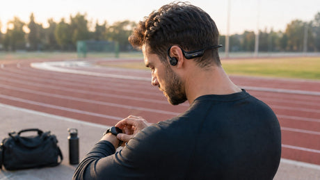 Athlete wearing wraparound bone conduction headphones beside a running track