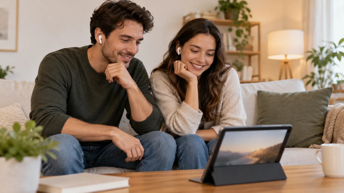 Two people wearing wireless earbuds while watching a tablet together