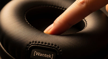 Close-up of a finger pressing a stitched black headphone ear cushion