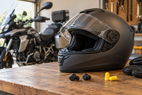 Black full-face motorcycle helmet beside wireless earbuds and yellow foam earplugs on a workbench.