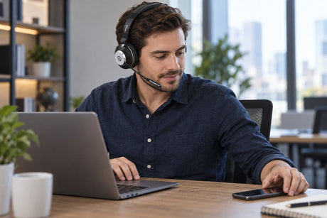 Professional using an over-ear multipoint work headset with a laptop and smartphone