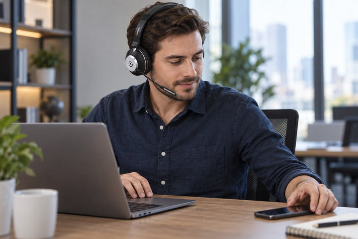 Professional using an over-ear multipoint work headset with a laptop and smartphone