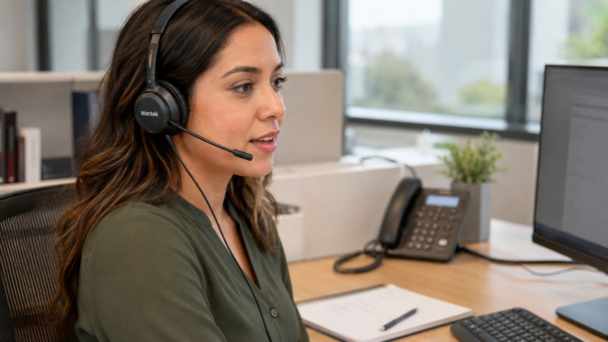 Wantek office telephone headset used by a professional at a fixed business workstation