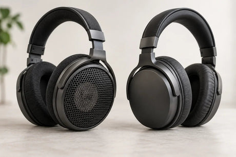 Two black over-ear headphones side by side: open-back grille on the left and a smooth closed-back earcup on the right.