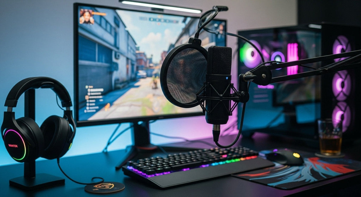 Gaming setup with Wantek RGB wired headphones, microphone on boom arm, and RGB keyboard and mouse