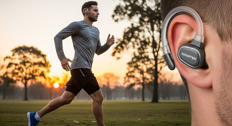 Man running outdoors at sunset wearing Wantek ear clip wireless earbuds for secure fit and comfort