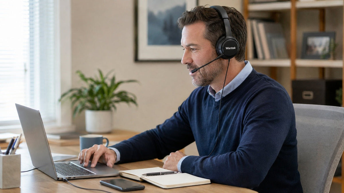 Remote professional using a Wantek work headset with boom mic during a home-office video call