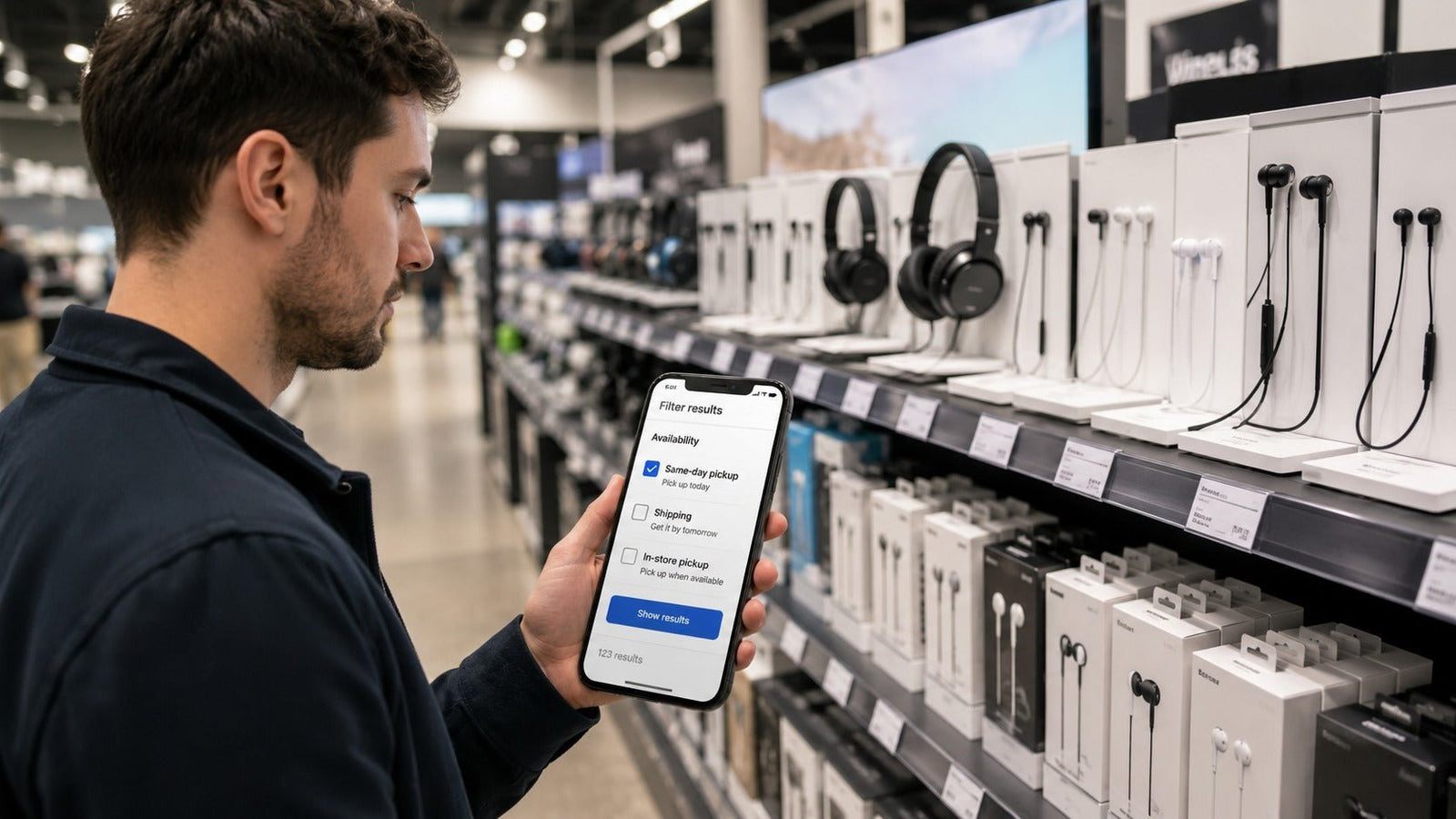 Shopper checking same day pickup options for earphones in an electronics store