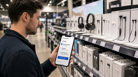 Shopper checking same day pickup options for earphones in an electronics store