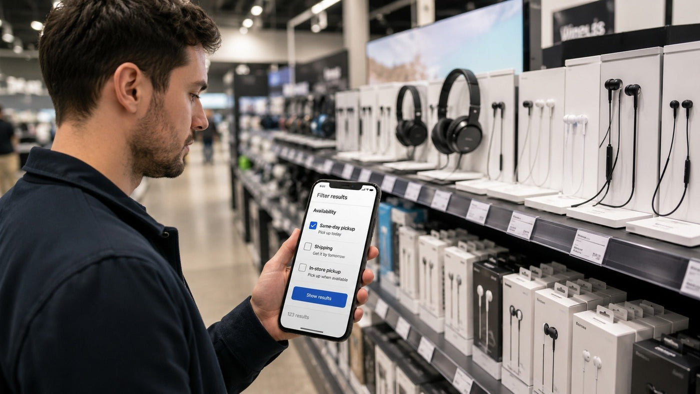 Shopper checking same day pickup options for earphones in an electronics store