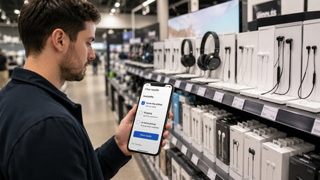 Shopper checking same day pickup options for earphones in an electronics store