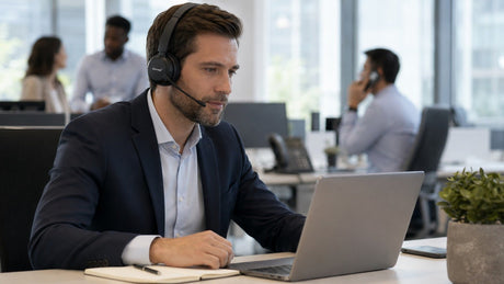 Wantek business headset used for a clear professional call in a busy open office