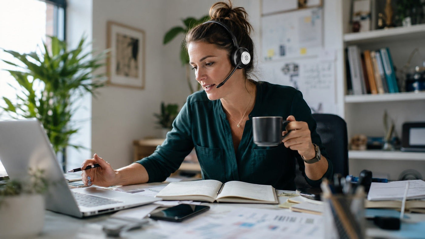 Professional using a mono Bluetooth headset while multitasking at a home office desk