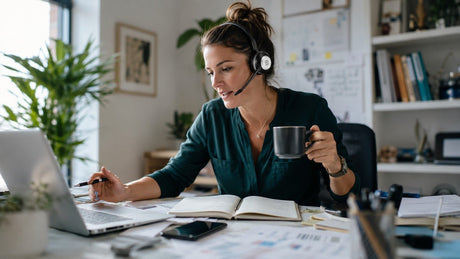Professional using a mono Bluetooth headset while multitasking at a home office desk