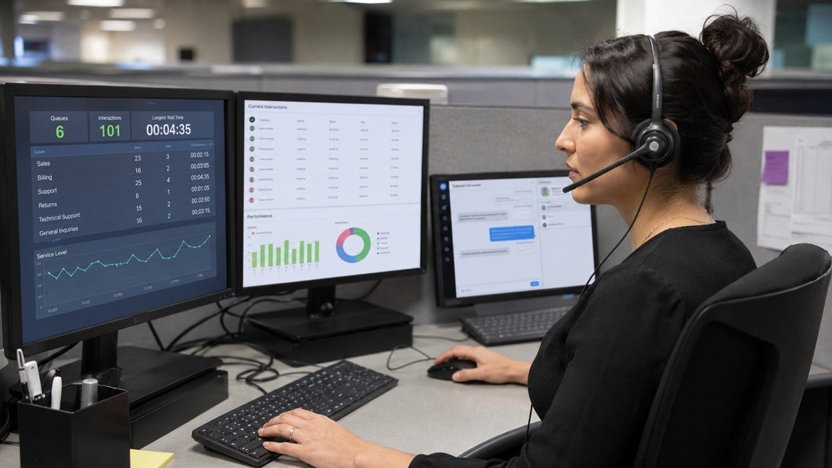 Call center agent wearing a headset while managing customer calls