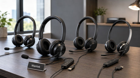 Wantek WK882 compared with Logitech, Jabra, and Poly wired office headsets on a professional desk.