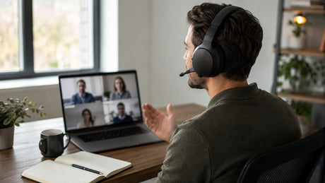 Remote worker using noise cancelling headset with mic for clear video calls
