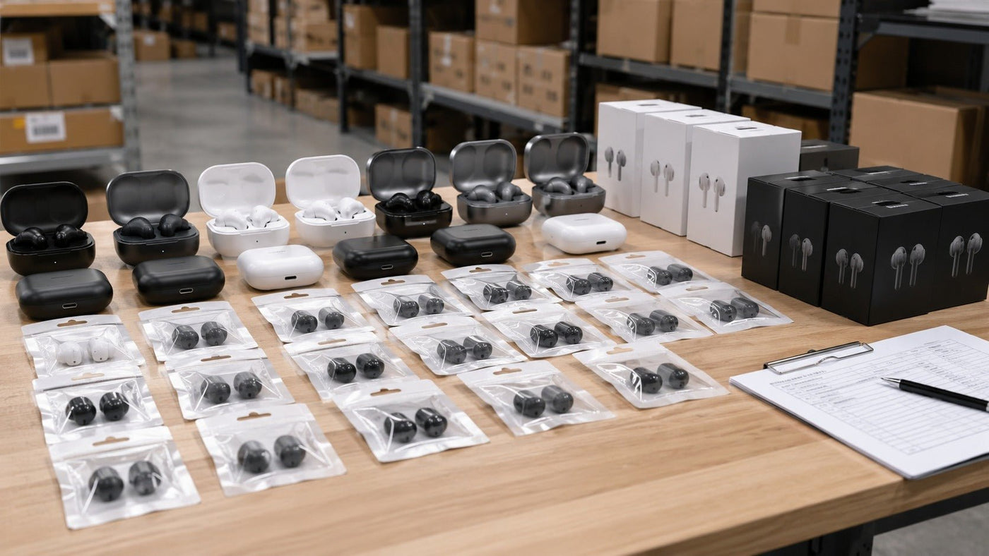 Wholesale wireless earphones arranged in bulk for business and school purchasing