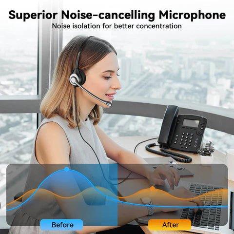Woman wearing wired headset with superior noise-cancelling microphone working on laptop near DECT phone