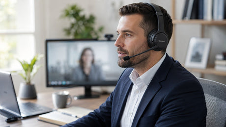 Professional wearing a Wantek headset with mic during a work call at a modern office desk