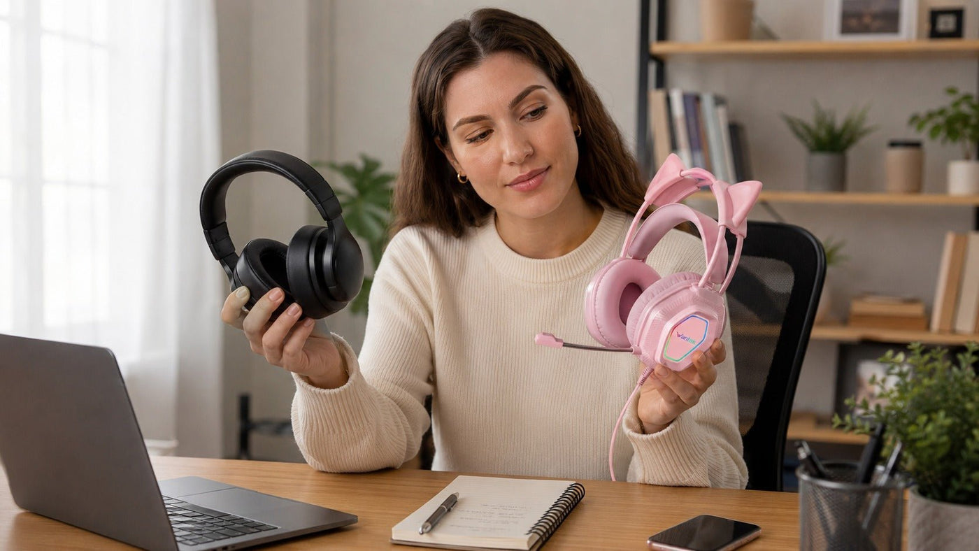 Adult comparing a Wantek cat-ear gaming headset with a conventional over-ear headset