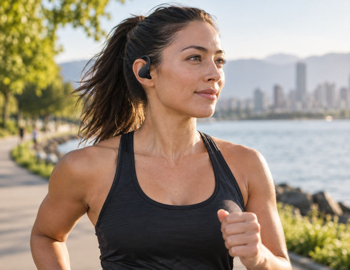 Woman jogging outdoors while wearing a black wireless ear-hook earbud