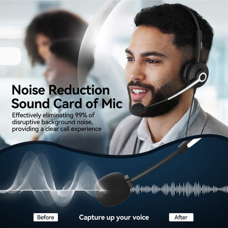 Man wearing Wantek dual USB headset with noise reduction mic for clear call experience