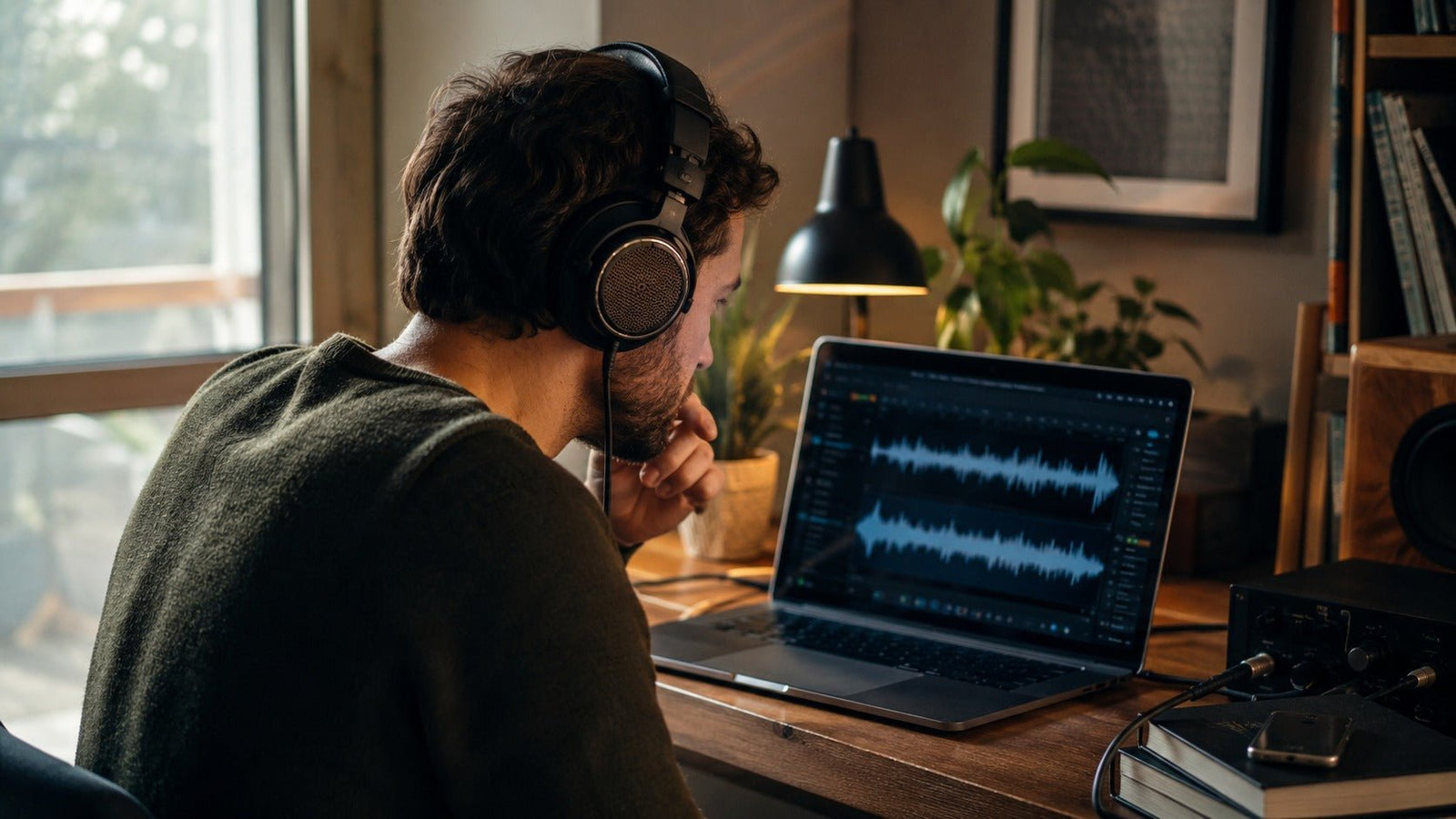 Person listening to lossless audio with wired headphones at a desk