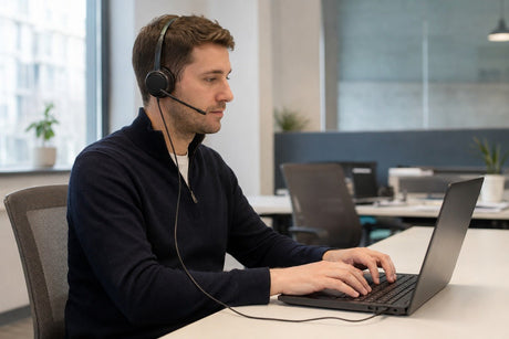 Wired USB headset with boom microphone connected to a laptop during a professional work call