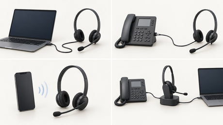 Common VoIP headset paths for a computer, IP desk phone, smartphone, and multi-device base