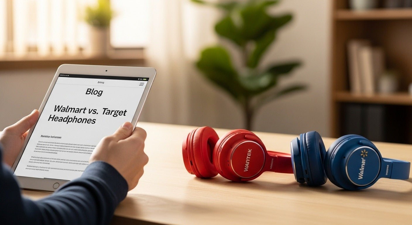 Person holding tablet showing Walmart vs. Target Headphones blog with red Wantek and blue Walmart wireless headphones on table