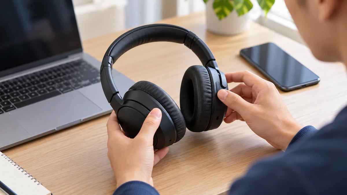 Person checking the controls on black over-ear headphones beside a laptop.