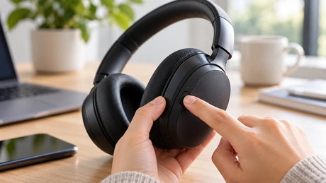 Hands pressing a button on black over-ear headphones beside a laptop.