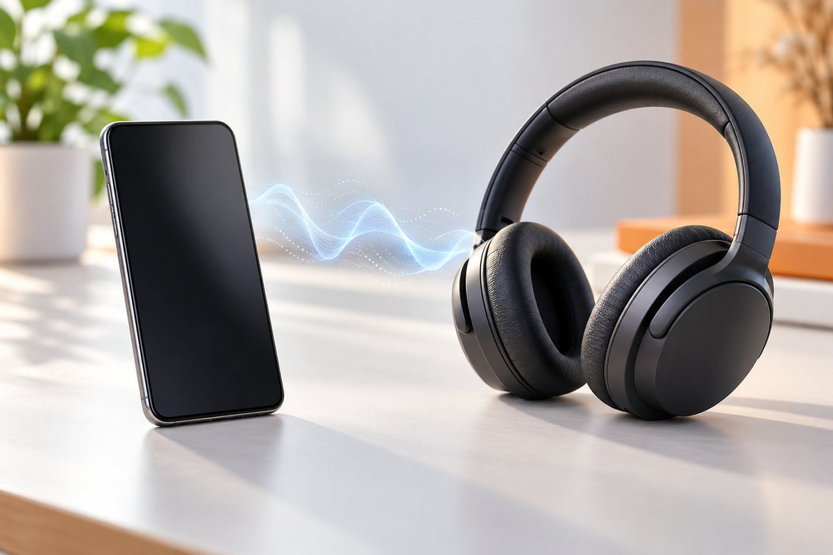 Unbranded wireless headphones beside a smartphone with an illustrated audio signal between them.