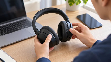 Person checking the controls on black over-ear headphones beside a laptop.