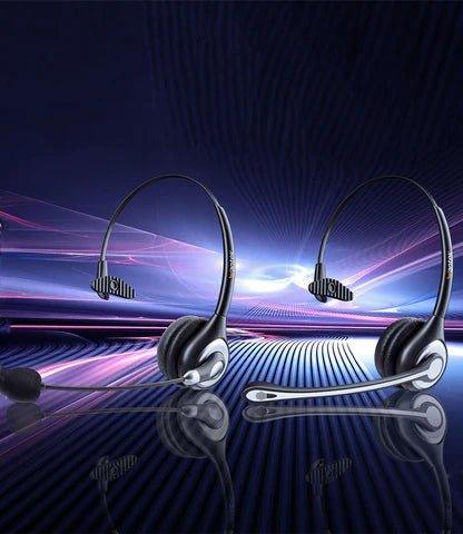 Two Wantek RJ9 wired headsets for call centers with sleek design on futuristic blue and purple background